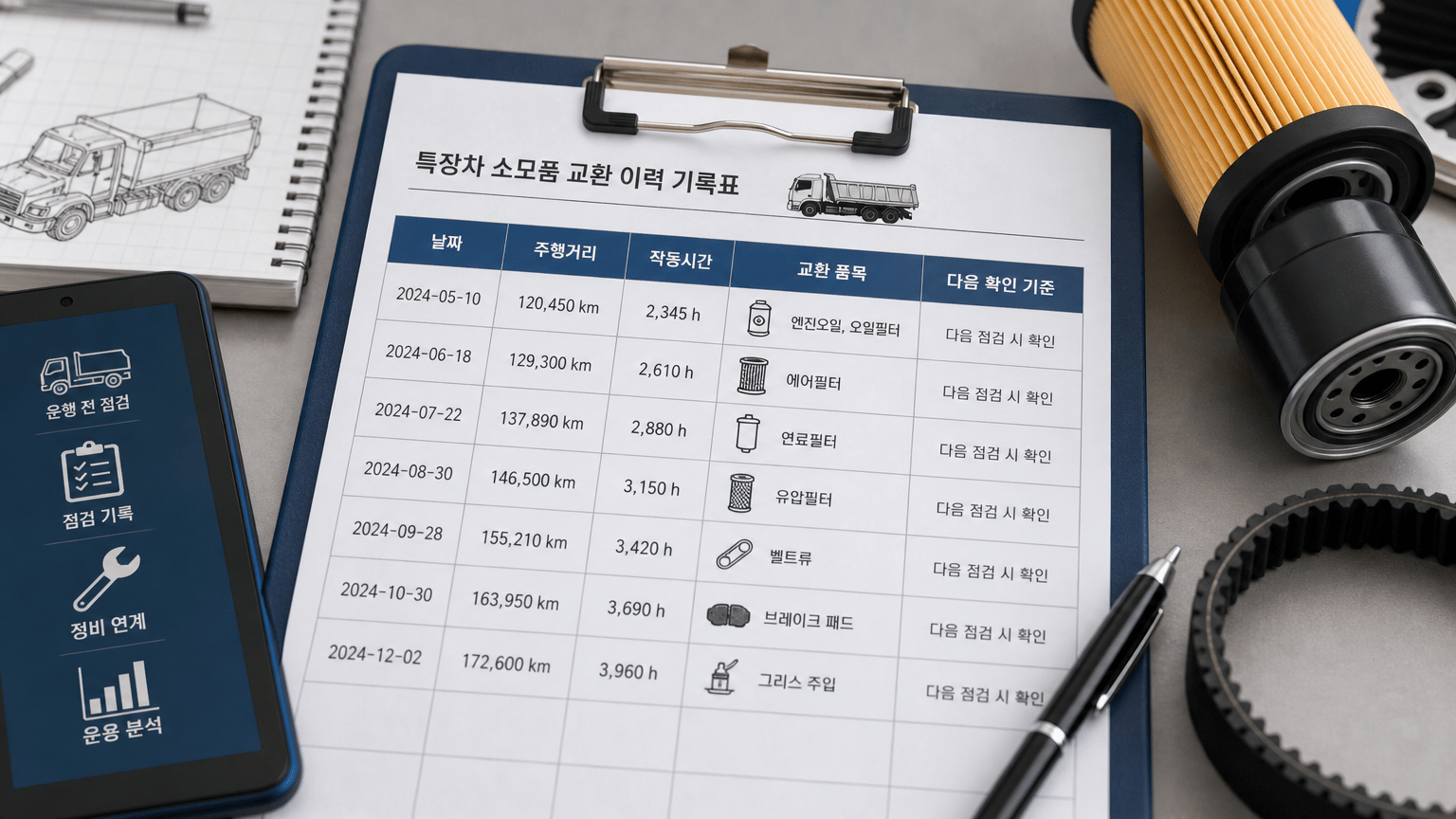 목적: 소모품 이력 기록 방식을 보여주기; 포함 요소: 날짜·주행거리·작동시간·교환 품목·다음 확인 기준 열이 있는 비식별 점검 기록표; 제외…