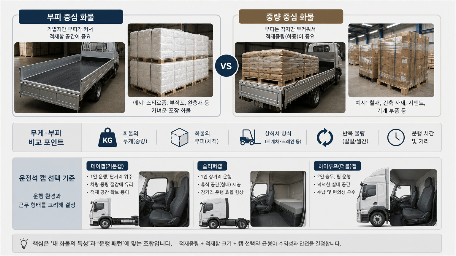 부피 중심 화물과 중량 중심 화물의 판단 차이를 보여 주기