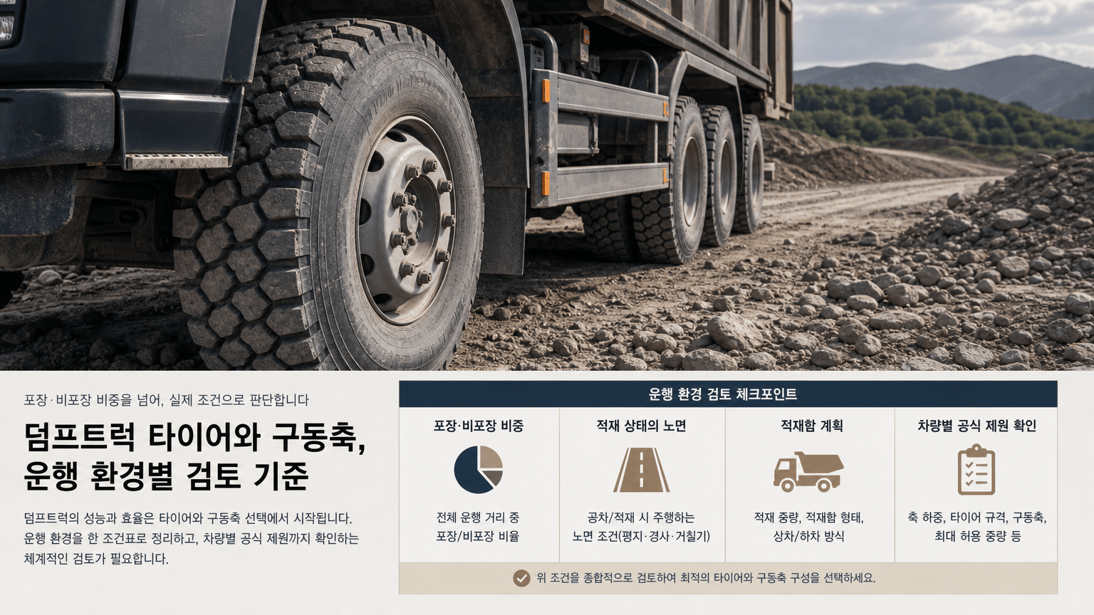 덤프트럭 타이어와 구동축, 운행 환경별 검토 기준