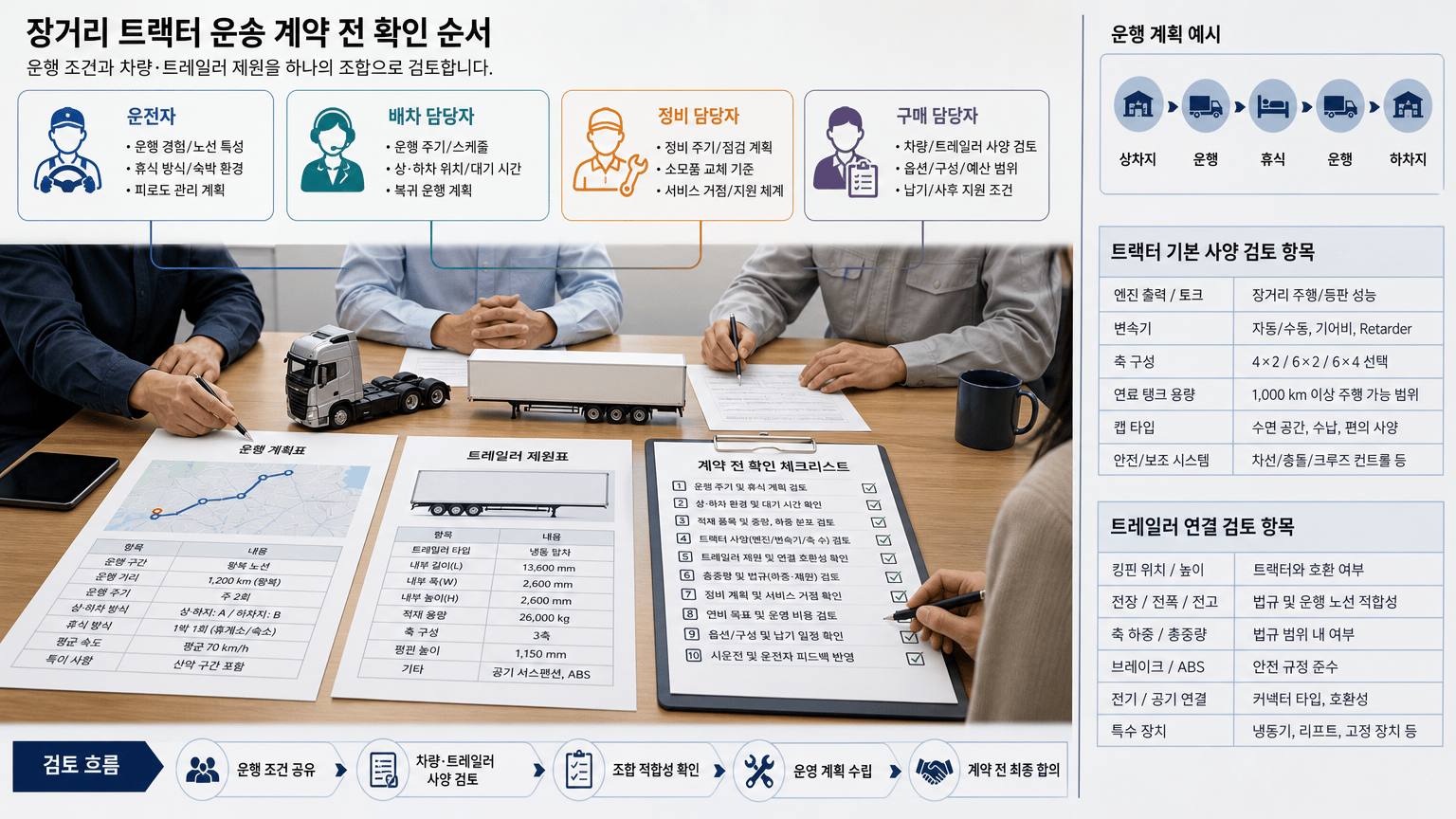 장거리 트랙터 운송, 캡·축·트레일러를 함께 확인하는 순서