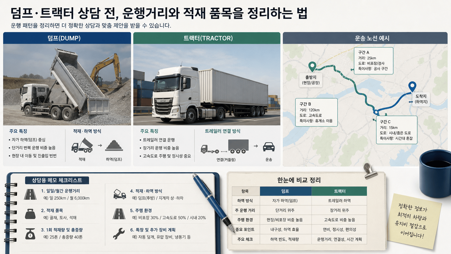덤프·트랙터 상담 전, 운행거리와 적재 품목을 정리하는 법